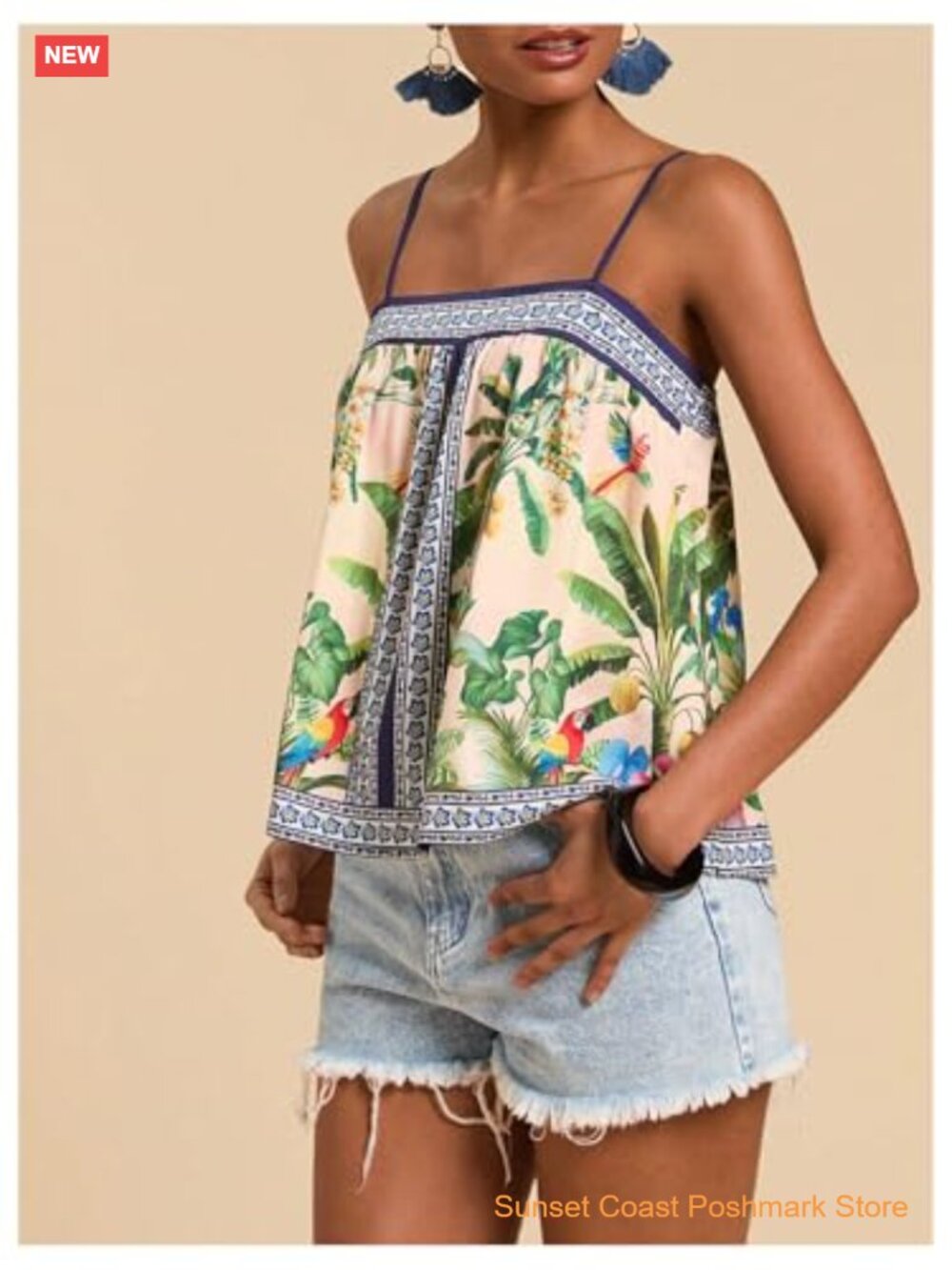 Tropical Floral Print Cami Top Spaghetti Strap Boho Vacation - Picture 3 of 5